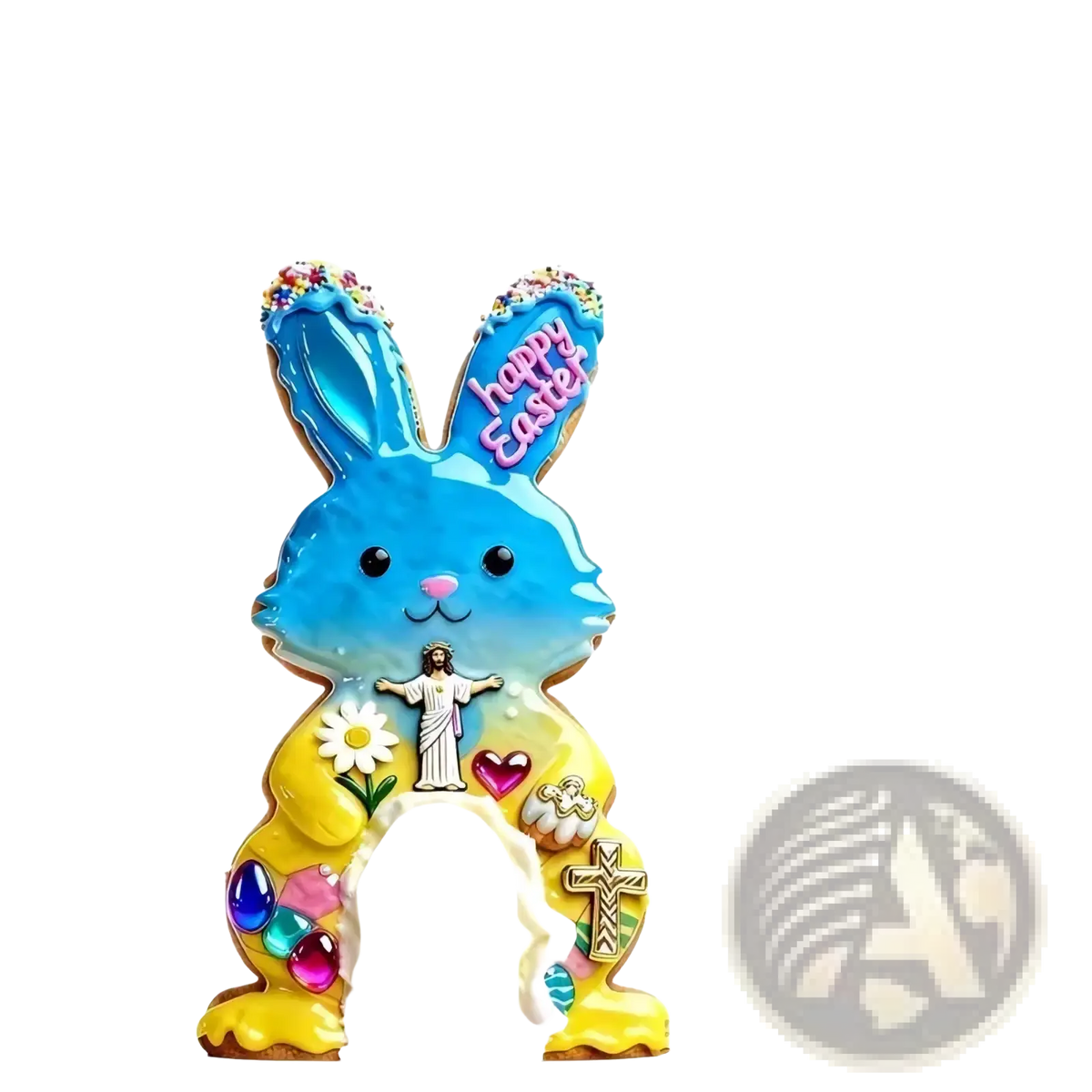 A vibrant blue and yellow easter bunny-shaped cookie with colorful sprinkles and edible icing decoration