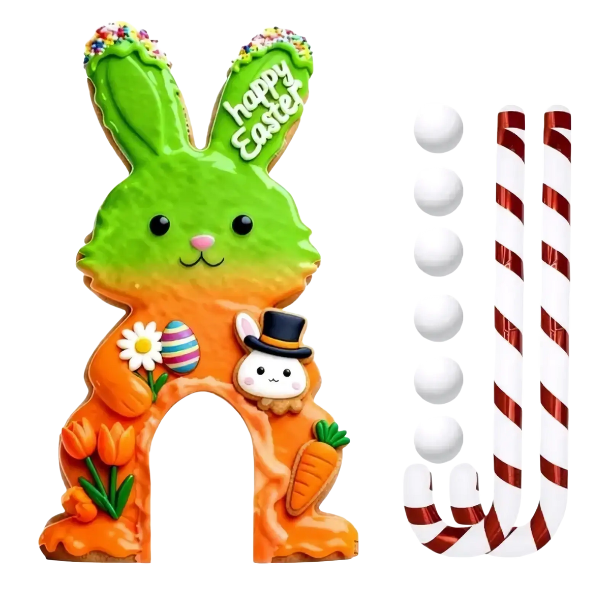 Easter golf game set featuring a vibrant green and orange bunny-shaped cookie toy decorated with festive sprinkles and details