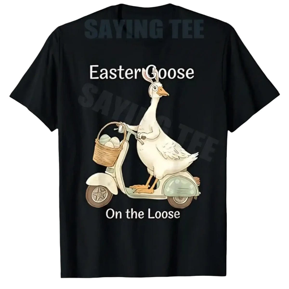 Black cotton easter goose scooter t-shirt featuring a white cartoon goose on a vintage scooter with eggs basket