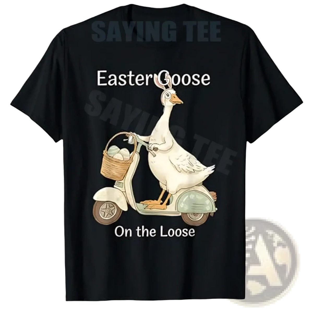 Black cotton t-shirt featuring a white cartoon goose riding a scooter with a basket of eggs labeled easter goose on the loose