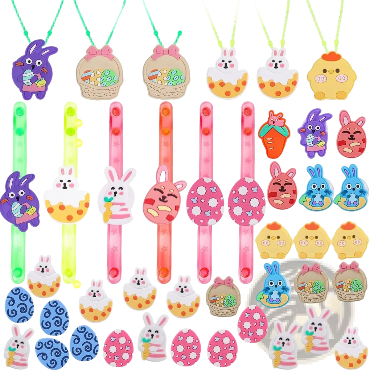 A collection of colorful easter led light up party favor necklaces and wristbands featuring festive cartoon designs