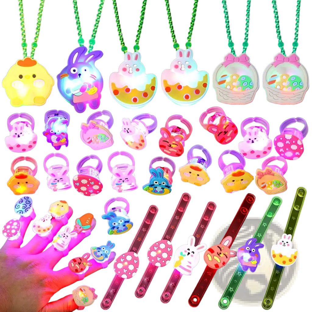 A collection of colorful glowing led light up bunny and egg toys including necklaces rings finger lights and wristbands
