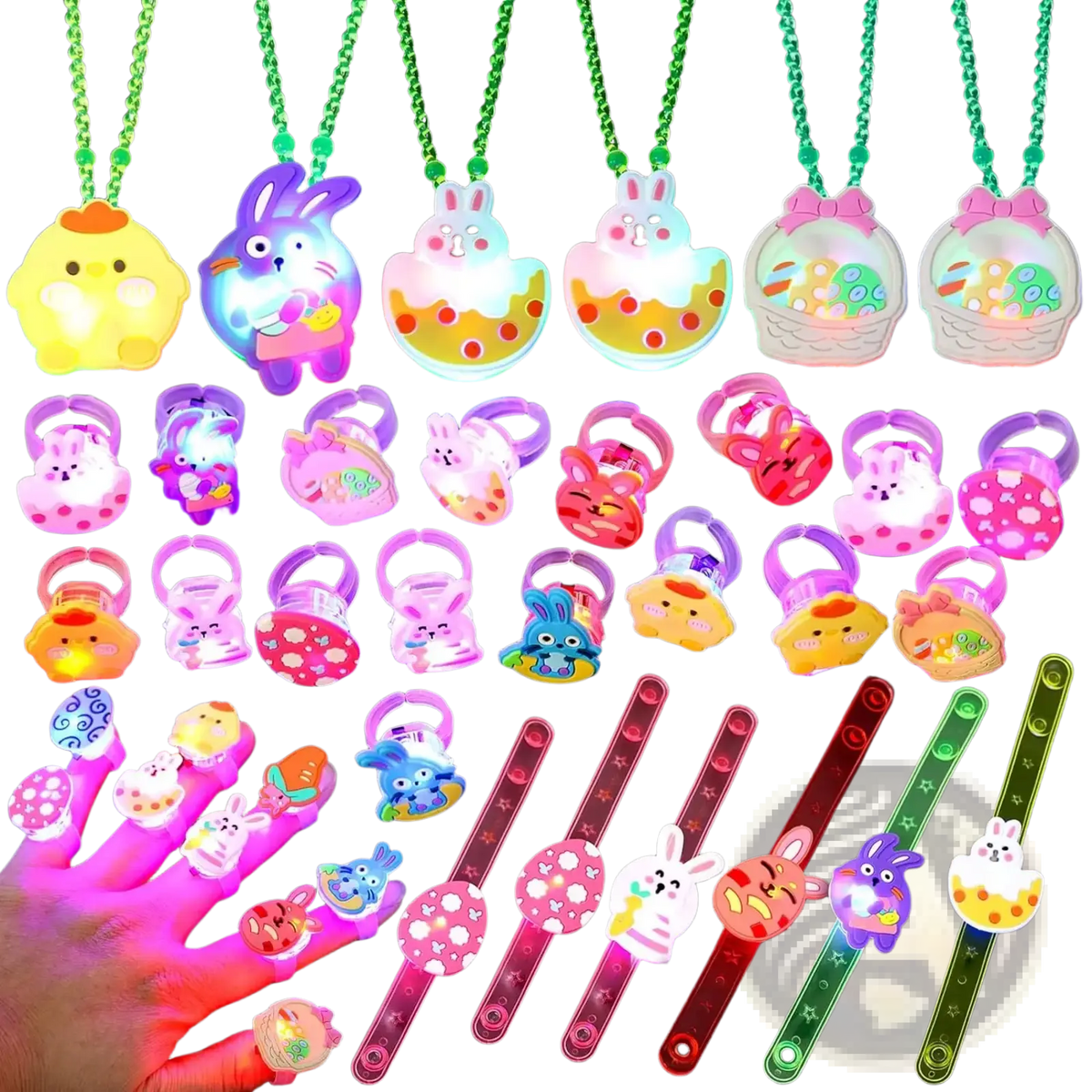 A collection of colorful glowing led light up bunny and egg toys including necklaces rings finger lights and wristbands