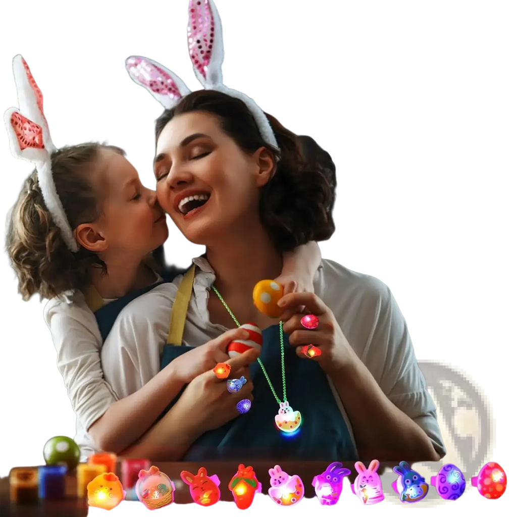 A collection of colorful illuminated easter led light up party favor necklaces and rings with bunny ears and eggs designs
