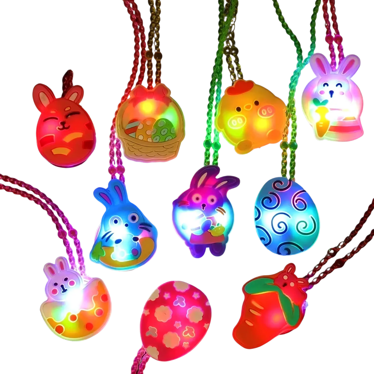 Colorful led light up easter-themed plastic necklaces with bunny egg and chick designs for party favors and baskets