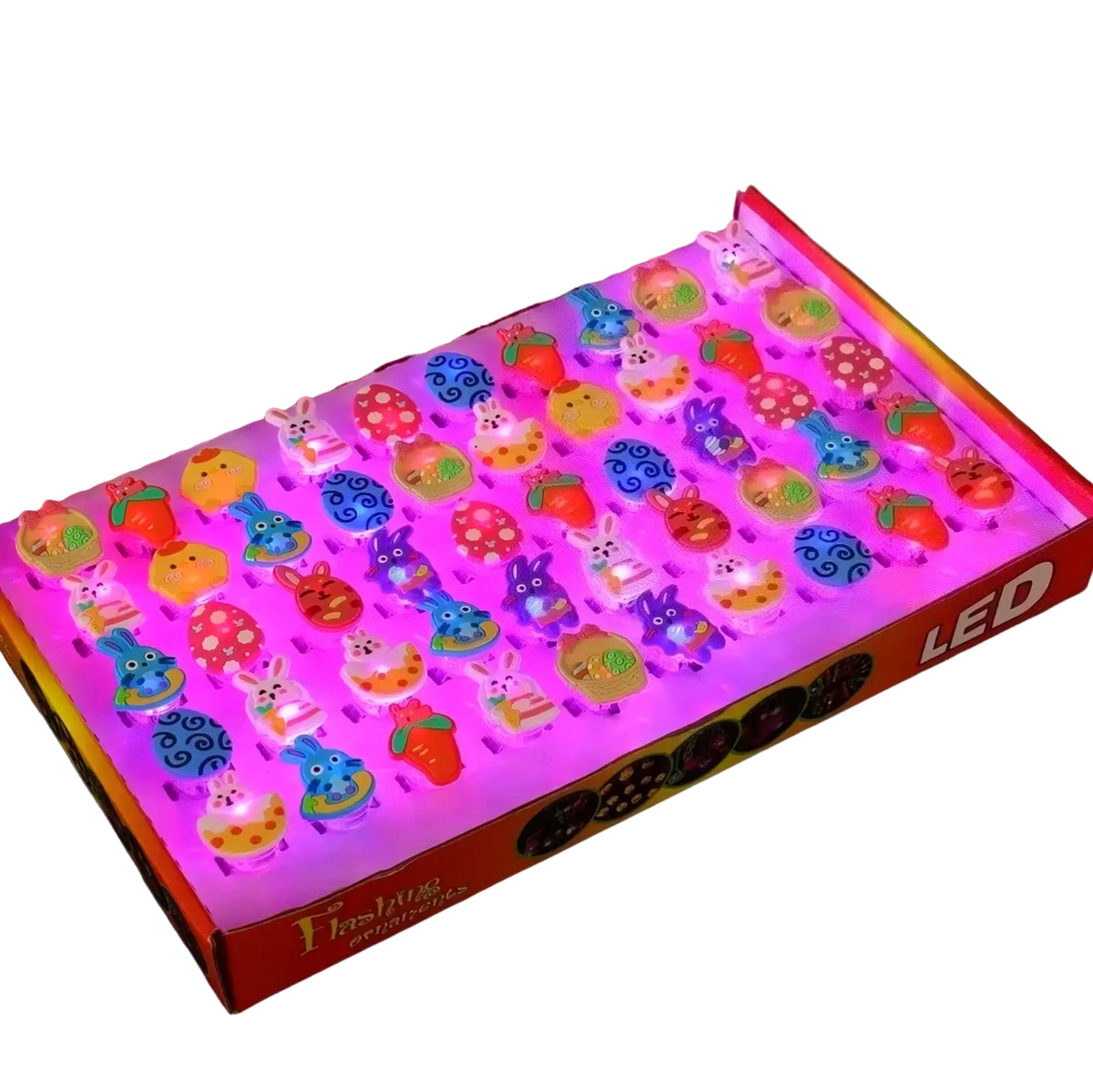 A set of 50 colorful led-lit flashing animal-shaped rings in a box for easter led light up party favors and basket stuffers