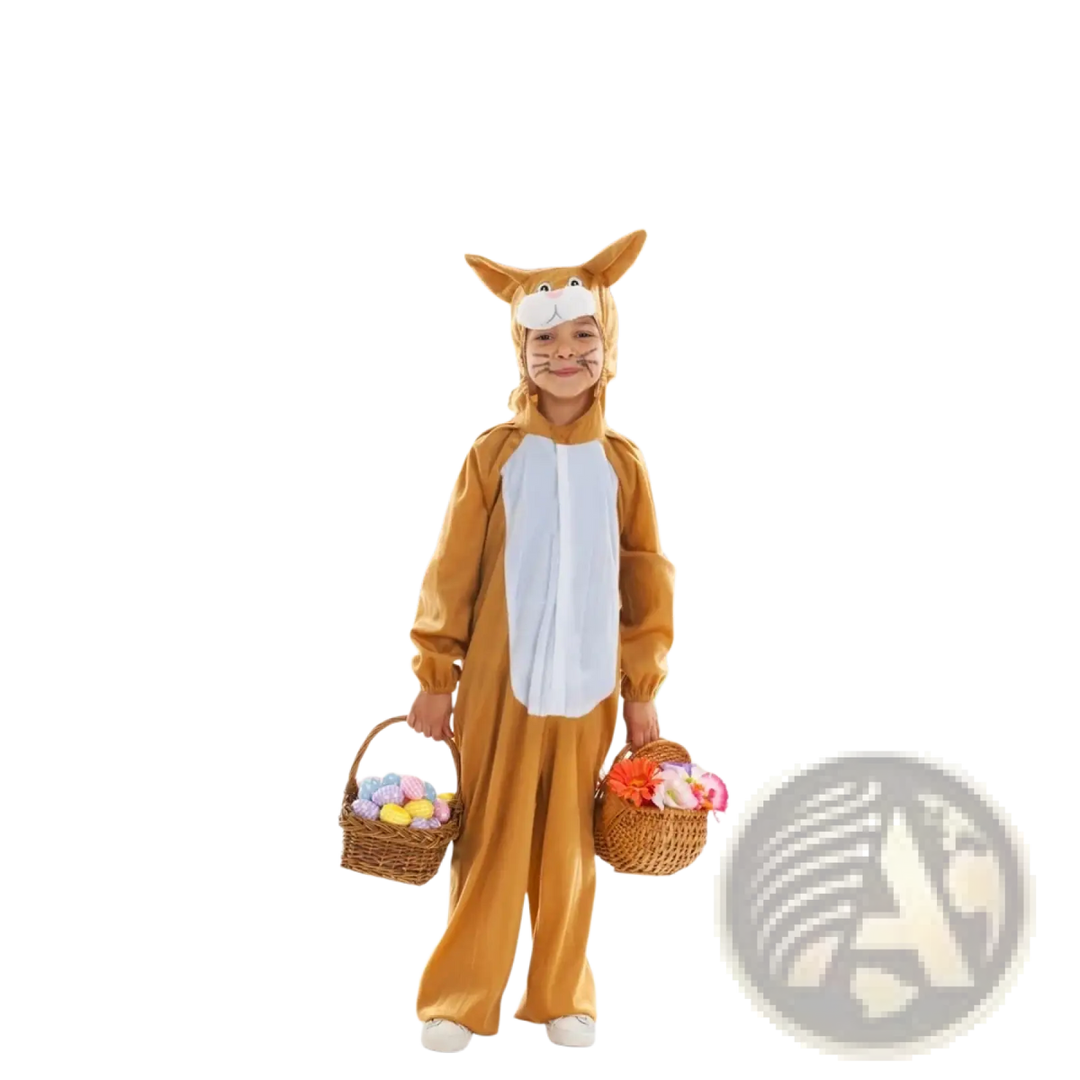 A child wearing a brown and white plush bunny onesie with long ears and whiskers on an easter photography backdrop