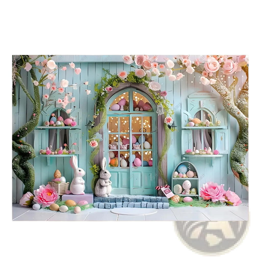 Pastel blue wooden door with arched window floral garlands and egg decorations easter photography backdrop