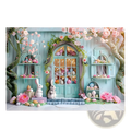 Pastel blue wooden door with arched window floral garlands and egg decorations easter photography backdrop