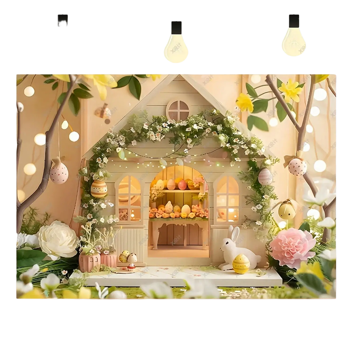 Pastel-colored easter photography backdrop with a miniature wooden house, greenery, hanging eggs, and string lights