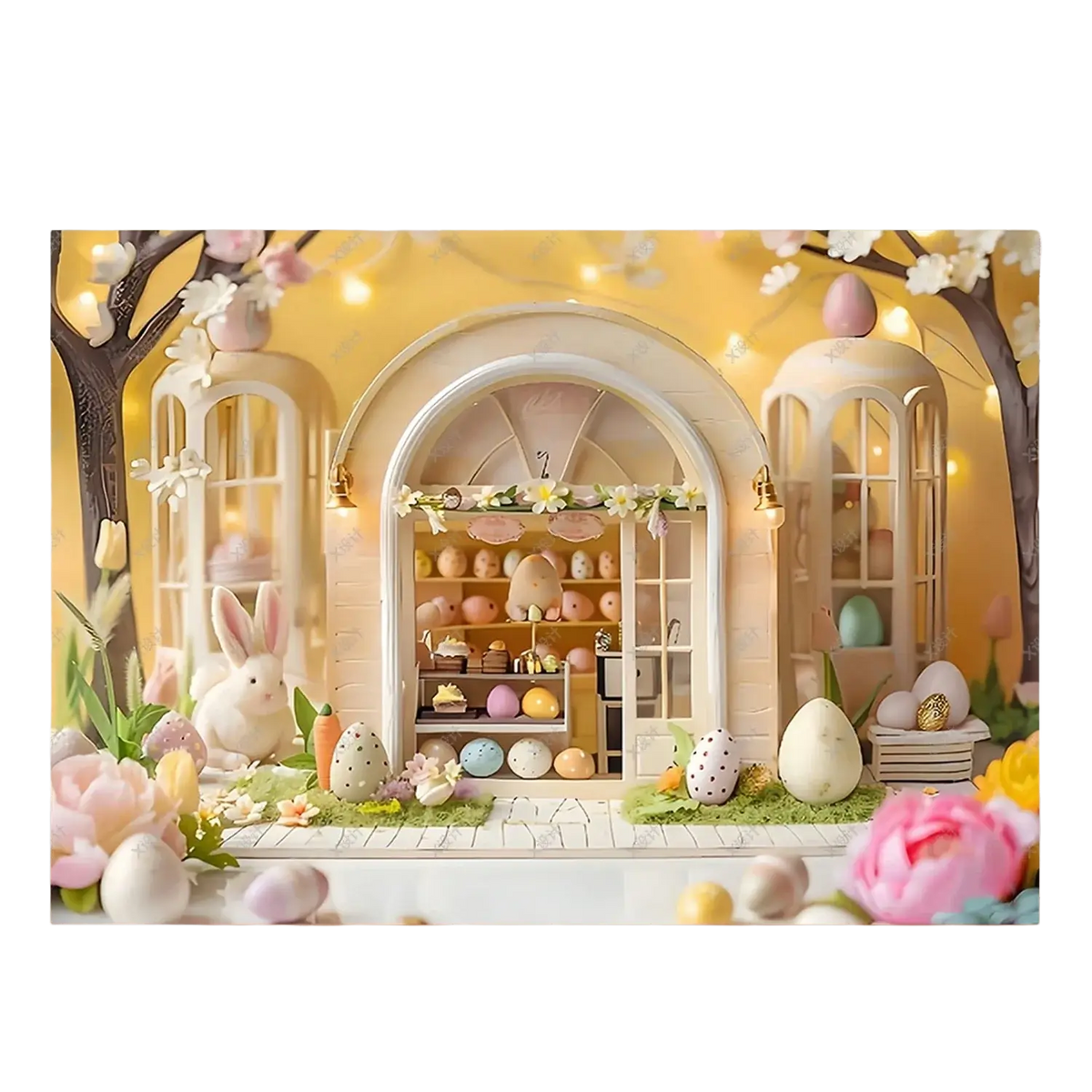 Pastel-colored easter photography backdrop with miniature bakery eggs rabbits and floral accents for spring portraits
