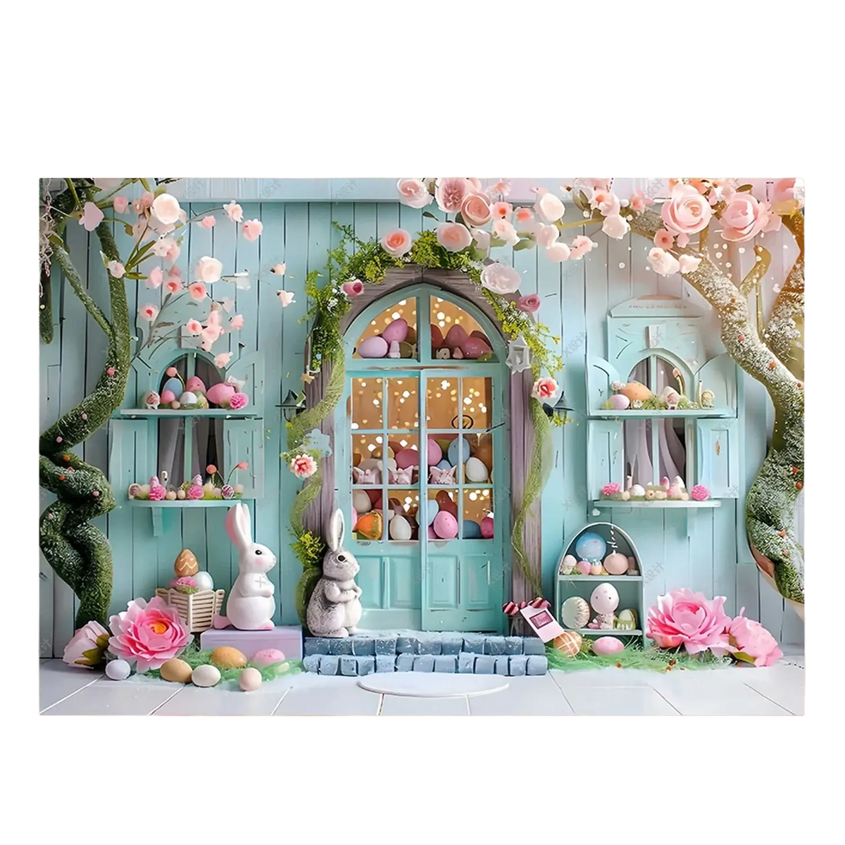 Pastel blue wooden door with arched window floral garlands and egg decorations easter photography backdrop