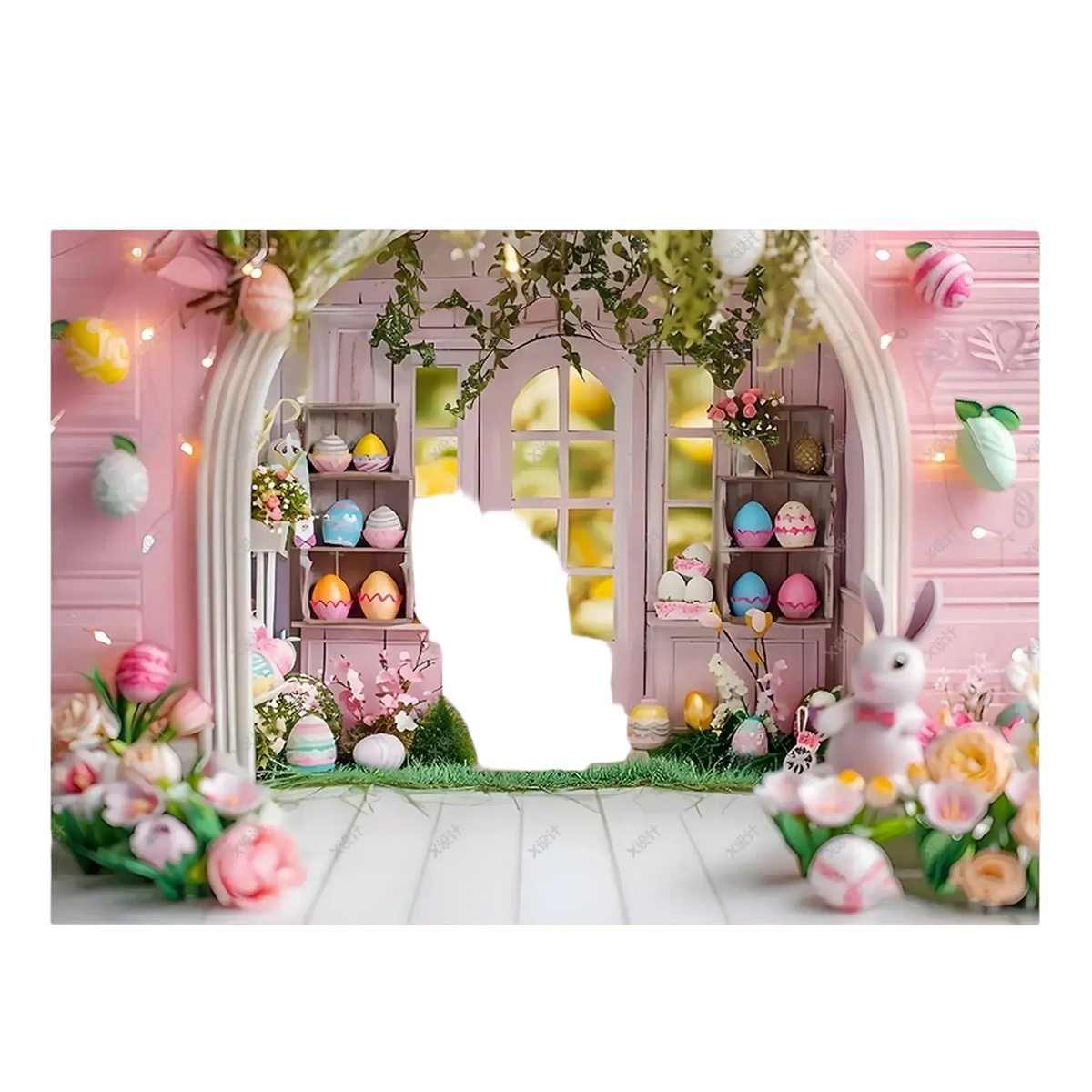 Pastel pink easter-themed photography backdrop with decorative shelves colorful eggs and bunny figurine for spring portraits