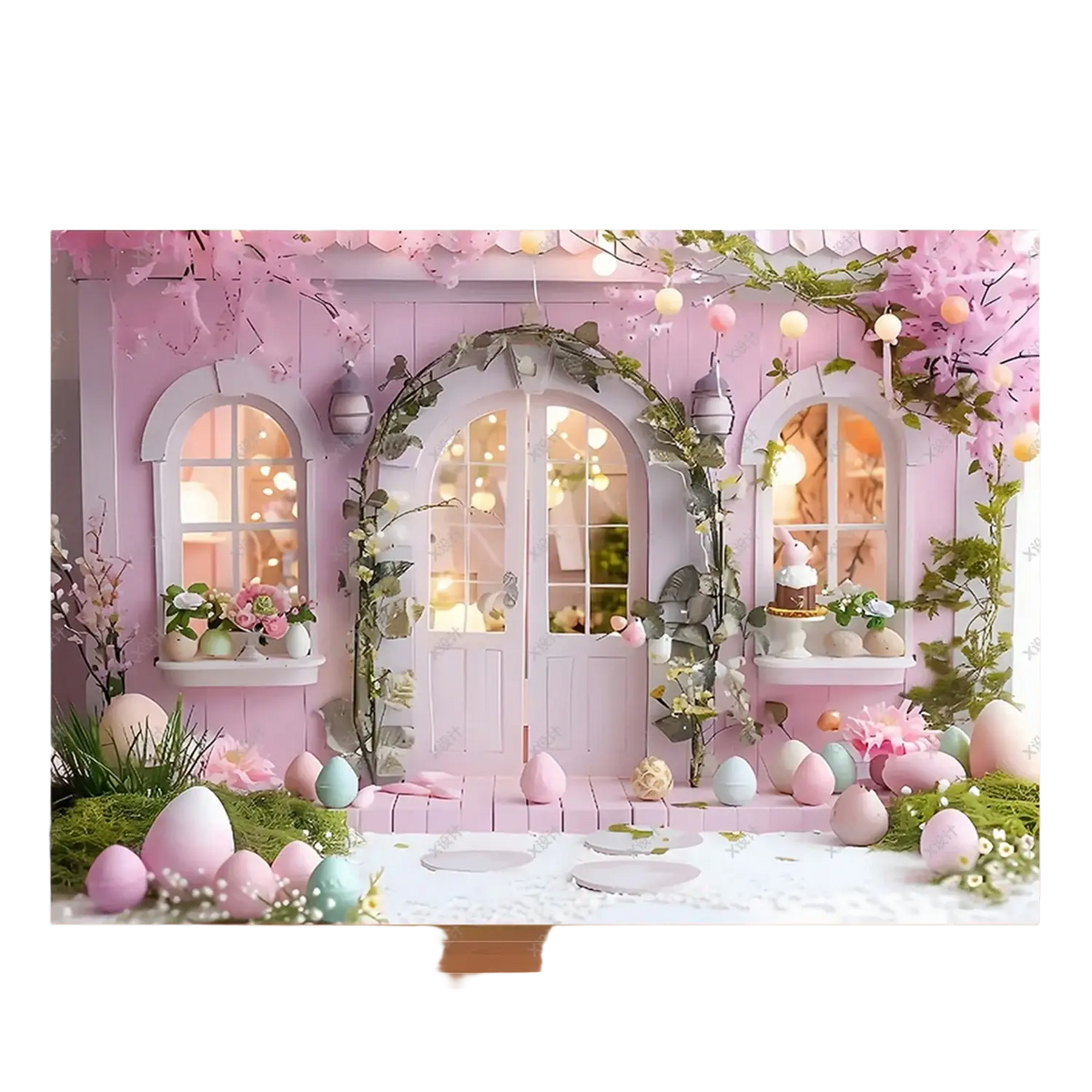 Pastel pink Easter photography backdrop featuring a whimsical cottage with arched windows floral eggs and spring grass accents