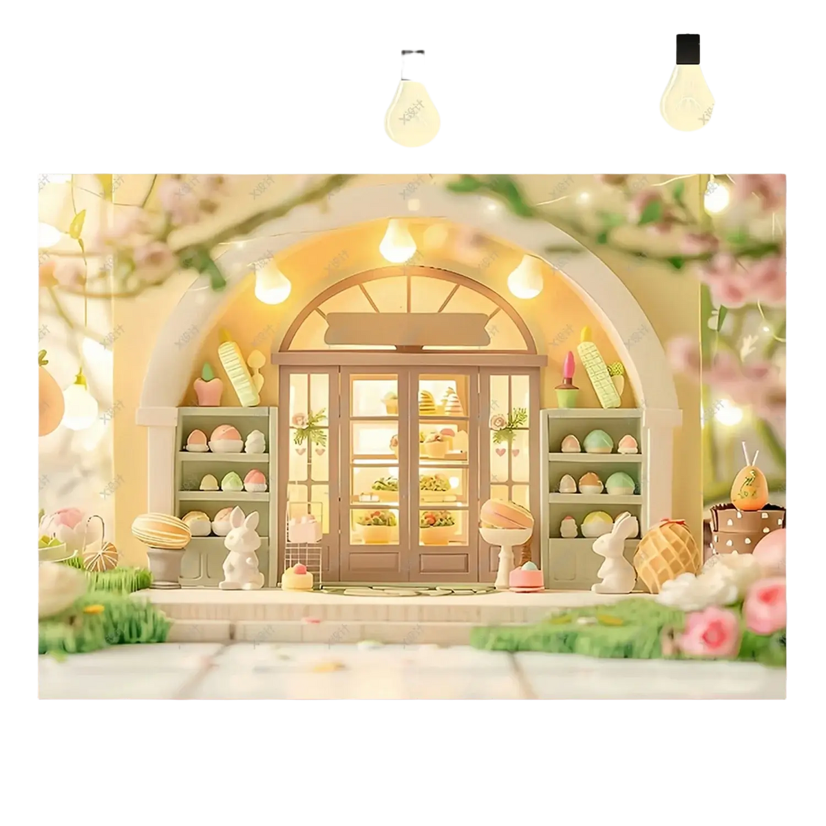 Pastel-colored miniature bakery display with cupcakes, pastries, white bunny figurines, soft lighting for easter spring backdrop