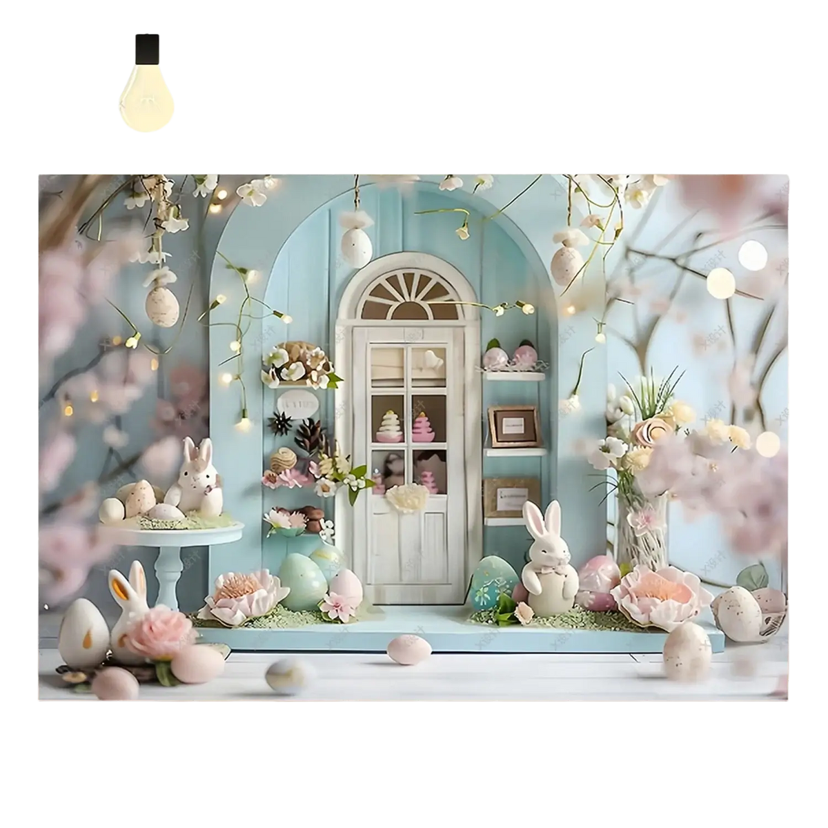 Pastel blue arched door backdrop with white trim and decorative easter elements for spring grass bunny portraits