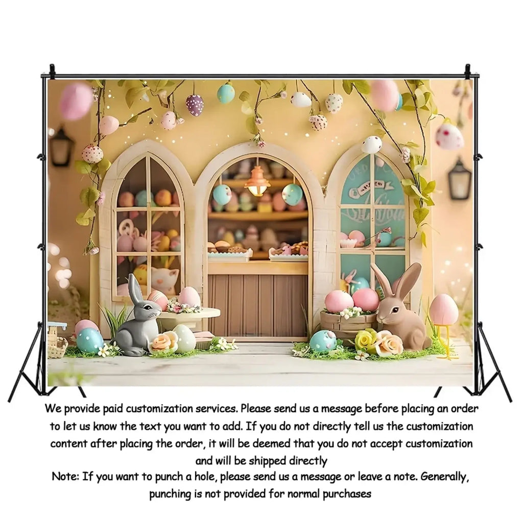 Pastel-colored easter photography backdrop with decorative eggs bunny figurines and arched windows on soft yellow background
