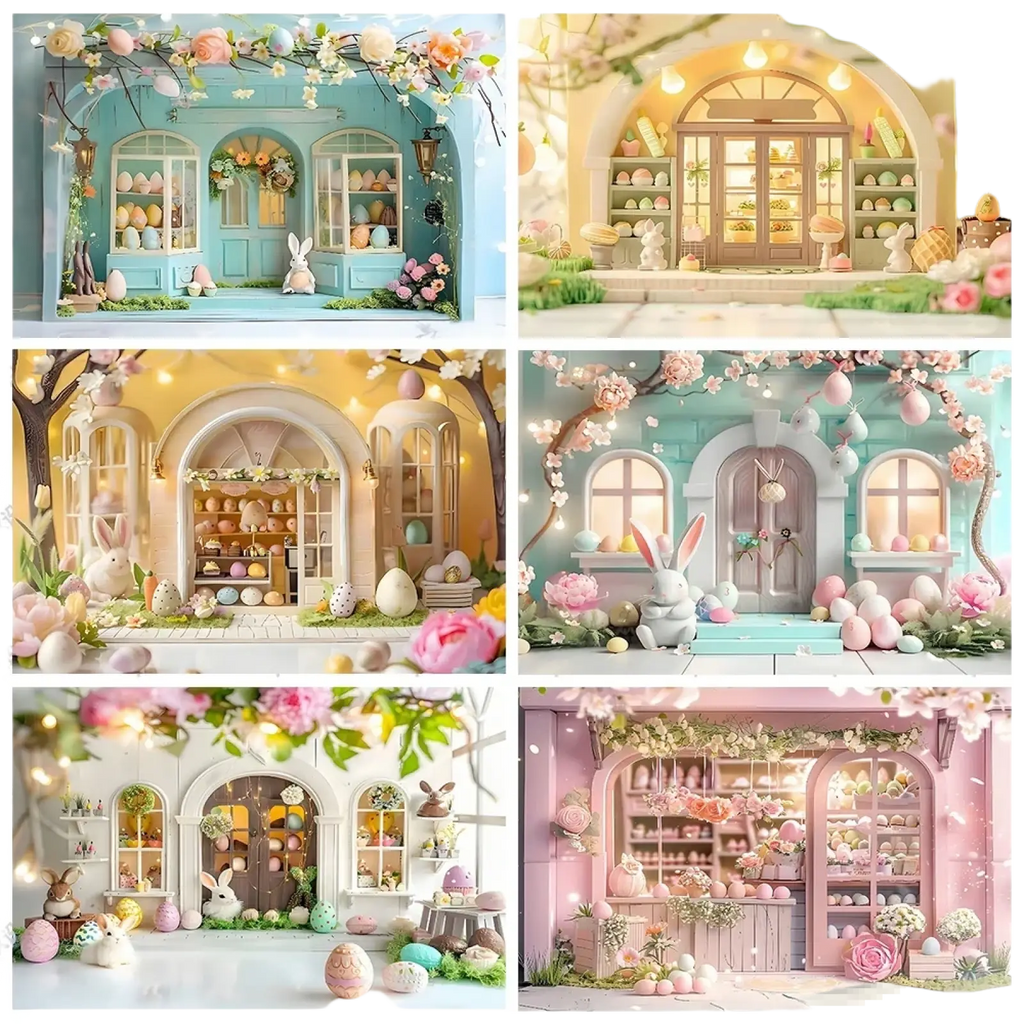 Pastel-colored easter egg shop backdrop with decorative archways, colorful eggs, and bunny figurines for spring portraits