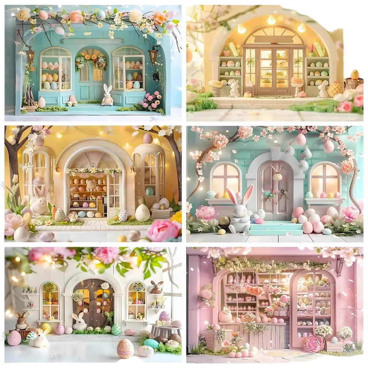 Pastel-colored easter egg shop backdrop with decorative archways, colorful eggs, and bunny figurines for spring portraits