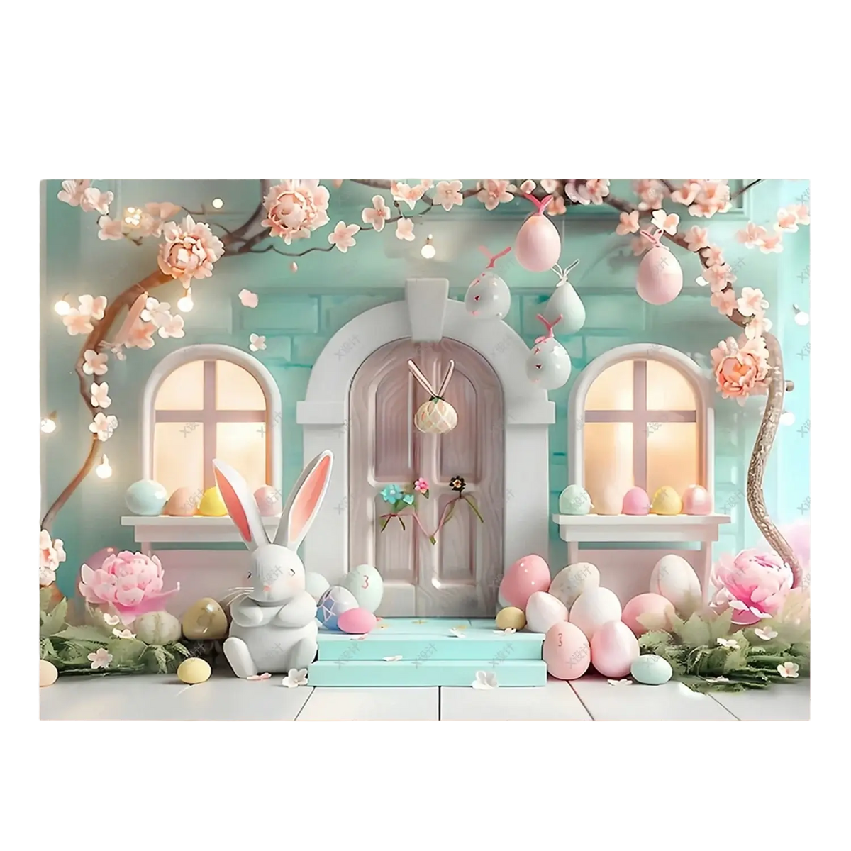 Pastel blue easter photography backdrop with whimsical cottage, arched windows, hanging eggs, and floral decorations