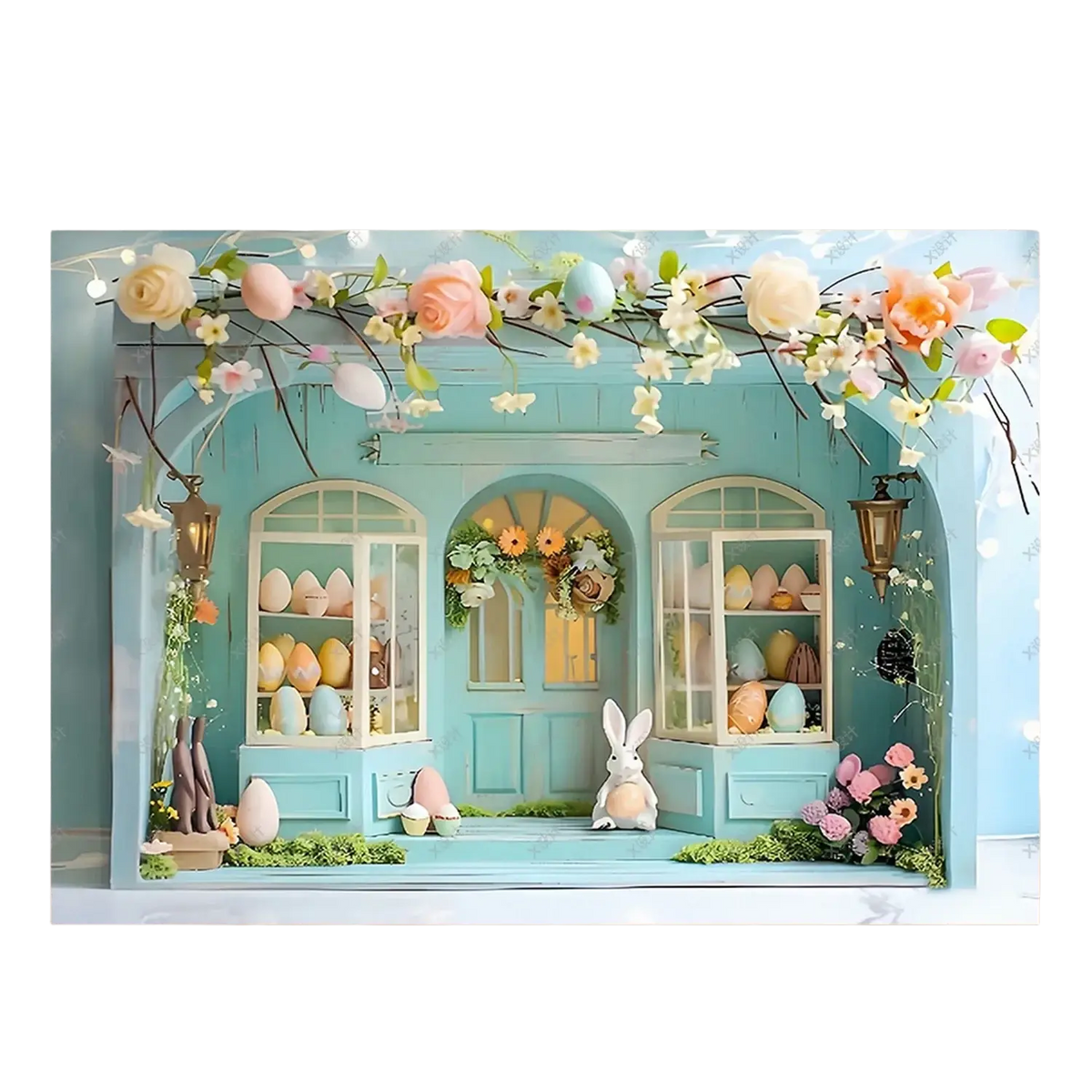 Pastel blue easter photography backdrop with miniature shop arched windows decorative flowers and eggs for spring portraits
