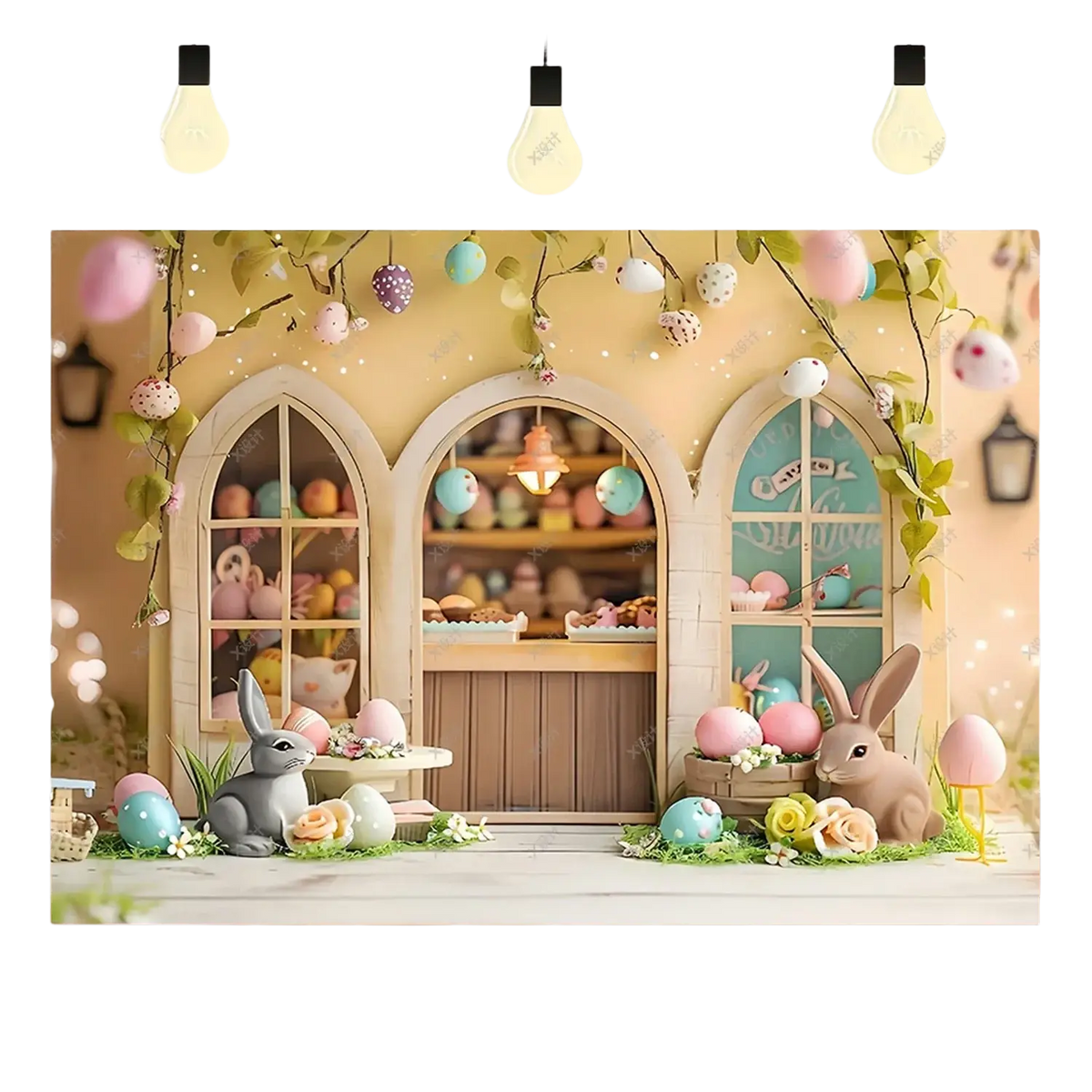 Pastel-colored easter photography backdrop with arched windows decorative eggs and bunny figurines for spring portraits