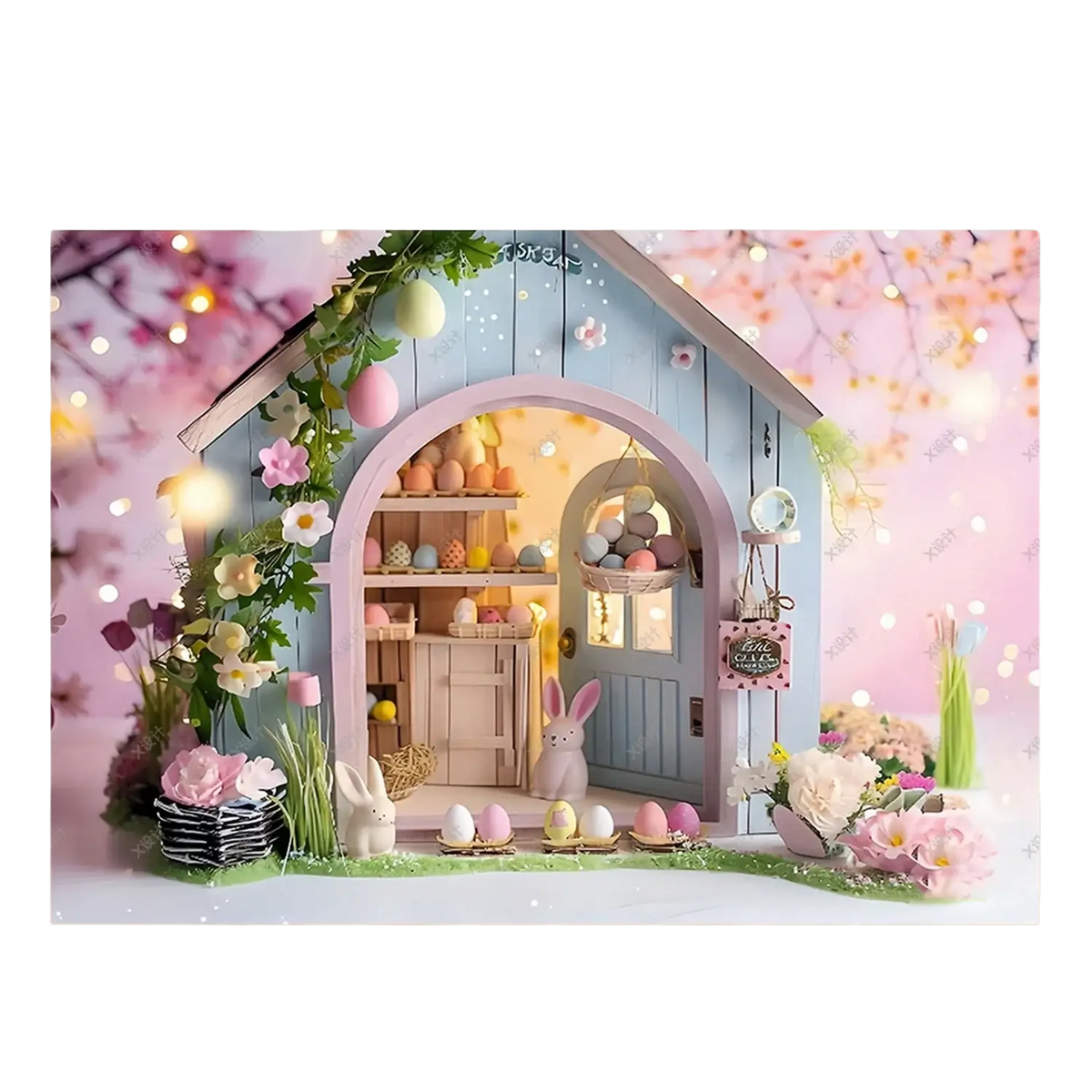 Pastel blue miniature easter house backdrop with pink blossoms and decorative eggs for spring grass bunny portraits