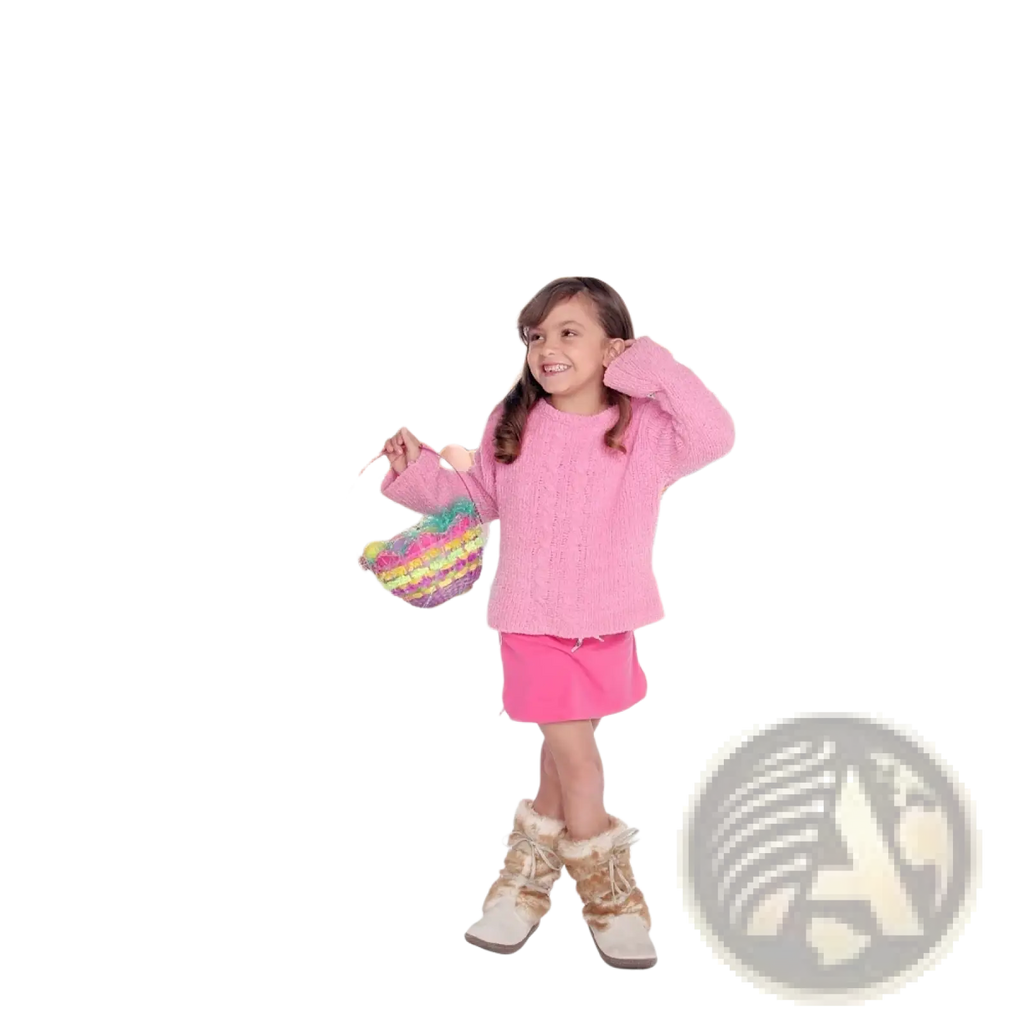 Pink knitted sweater with ribbed cuffs and hem used as an easter photography backdrop spring grass bunny portrait prop