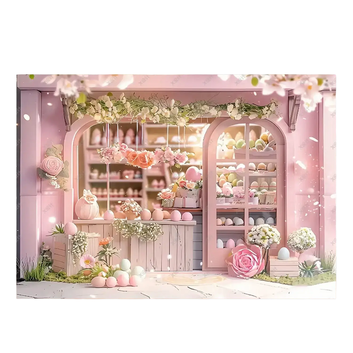 A charming pink pastel easter photography backdrop with shelves of colorful eggs and floral arrangements for spring portraits