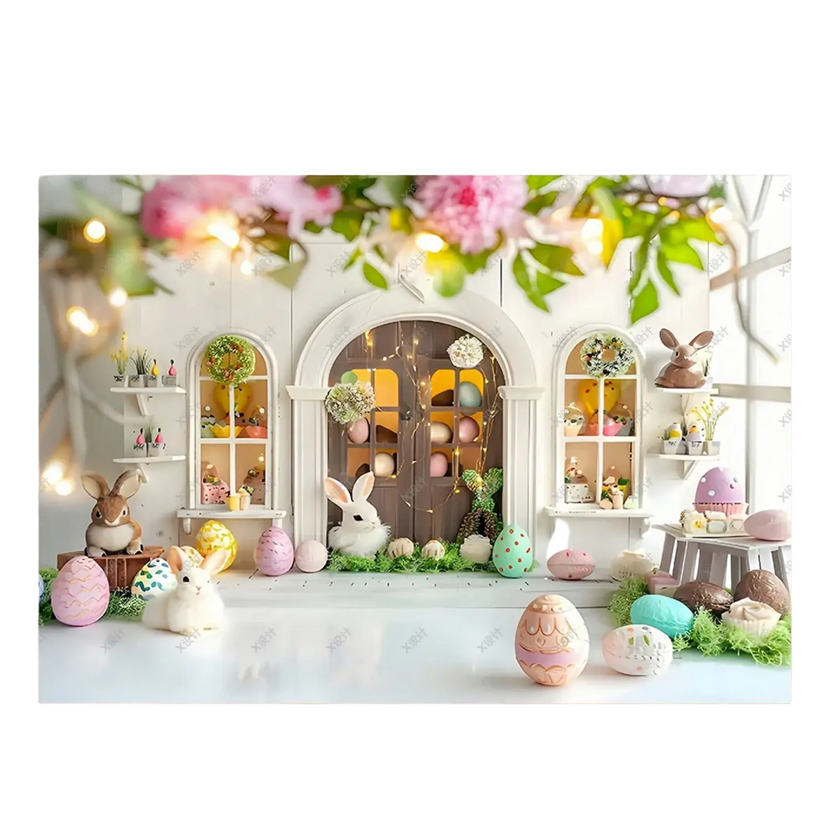 Easter photography backdrop featuring a miniature white house with pastel eggs, plush bunnies, greenery, and fairy lights