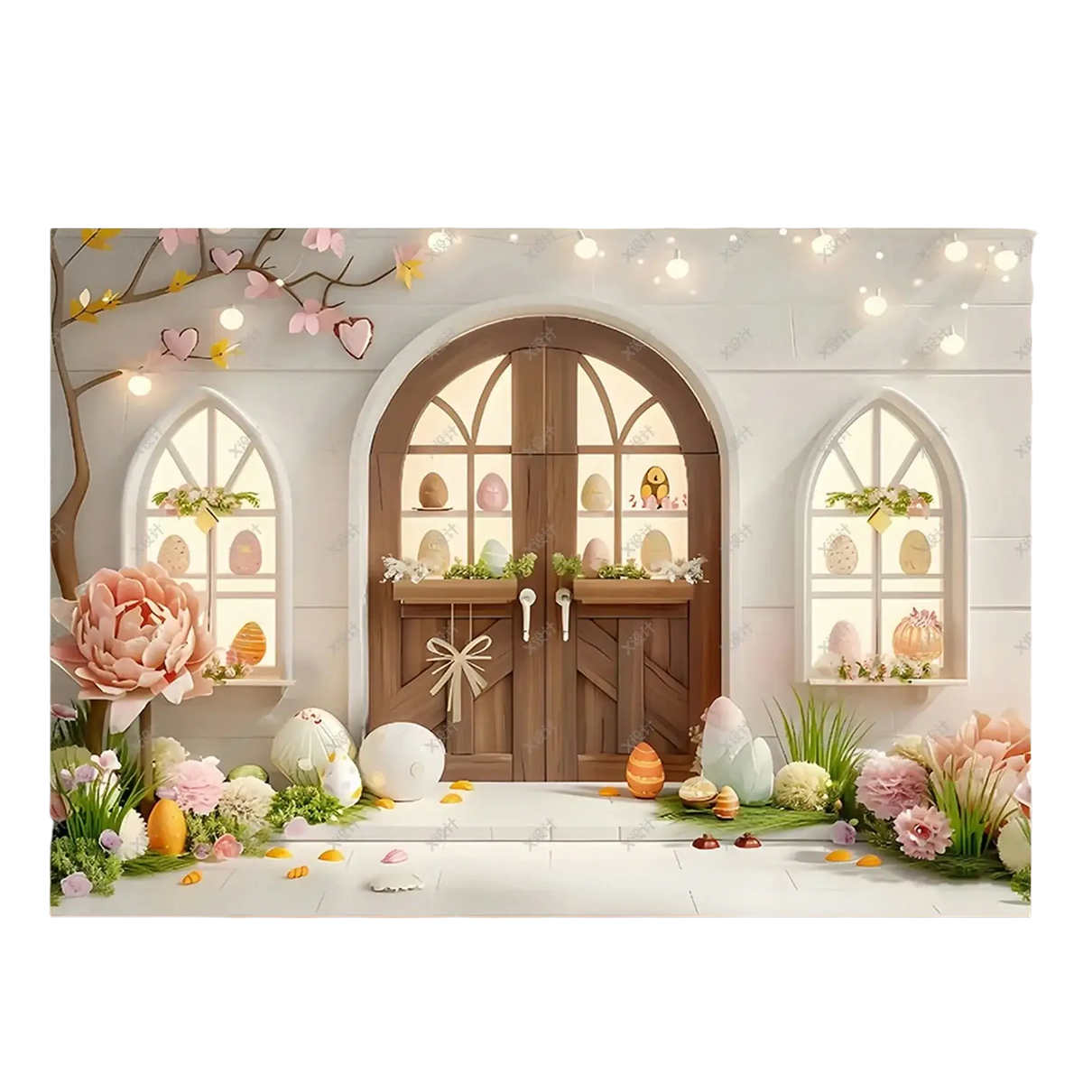 A wooden arched easter photography backdrop with glass panels, bow decoration, and gothic windows with easter eggs