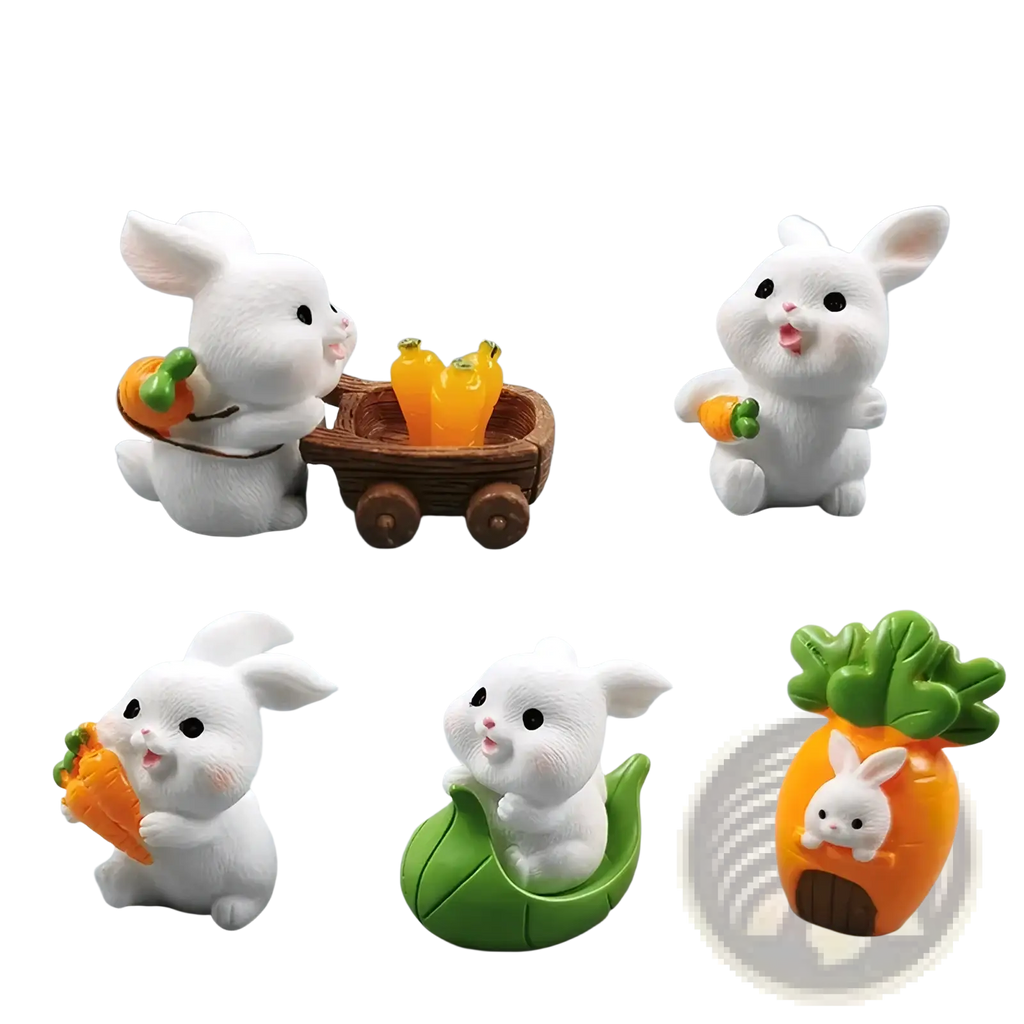 Set of eight white resin Easter rabbit figurines in cute poses with carrots and leafy greens for miniature decor