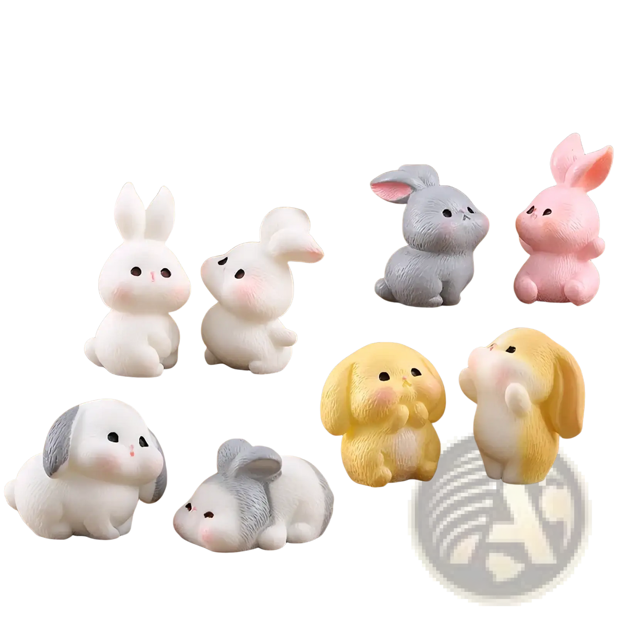 Adorable miniature resin Easter rabbit figurines in pastel white gray pink and yellow with cartoonish features