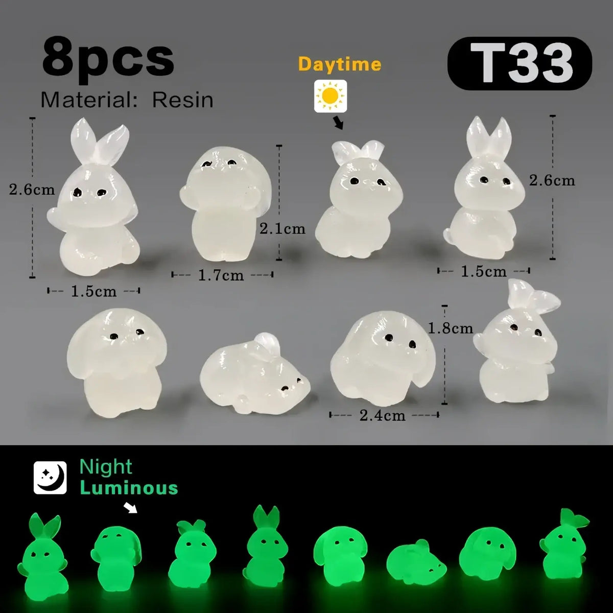 Set of eight translucent white resin Easter rabbit figurines with bunny and cloud shapes that glow green in the dark