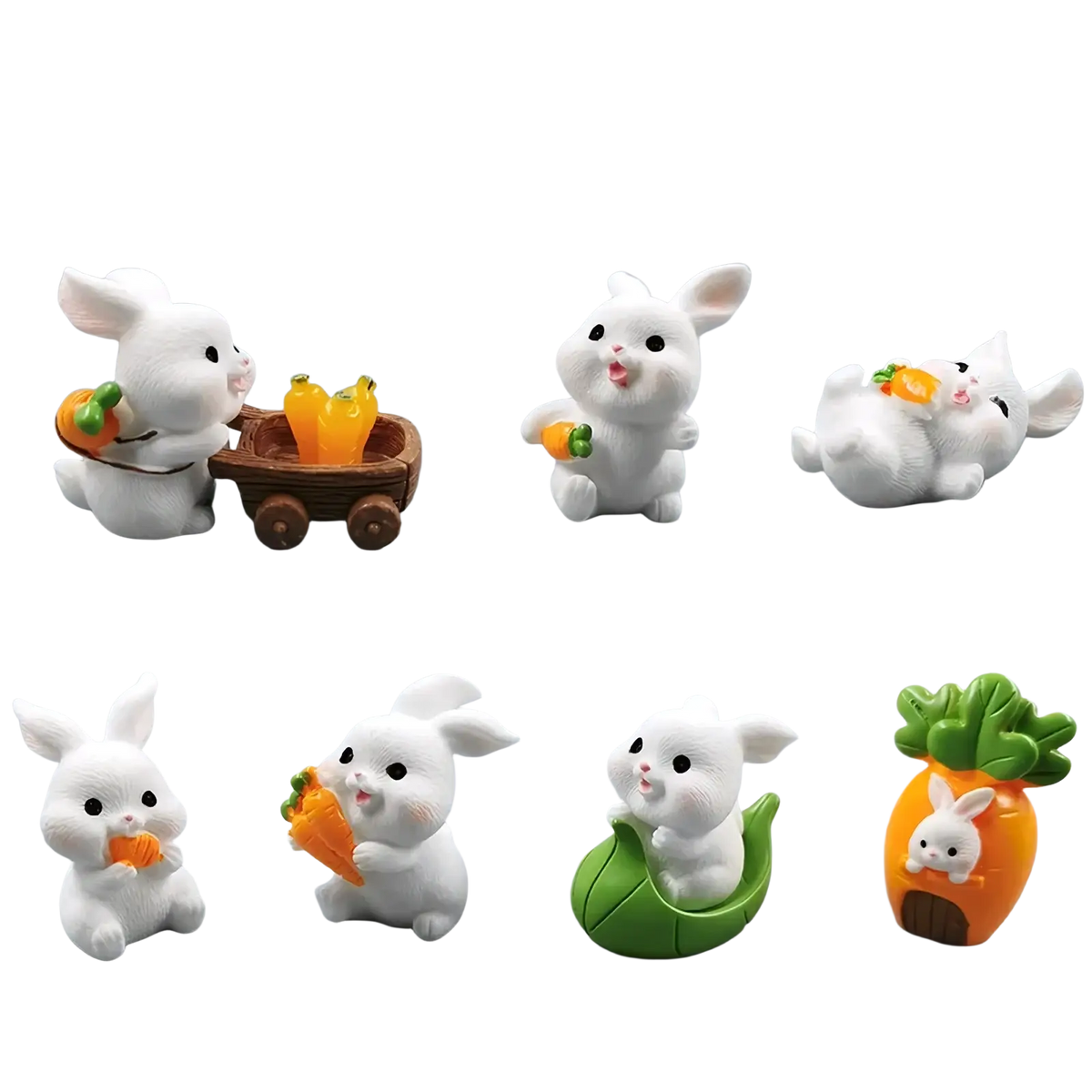 White resin easter rabbit figurine miniature decor in various cute poses with carrots and vegetable accessories