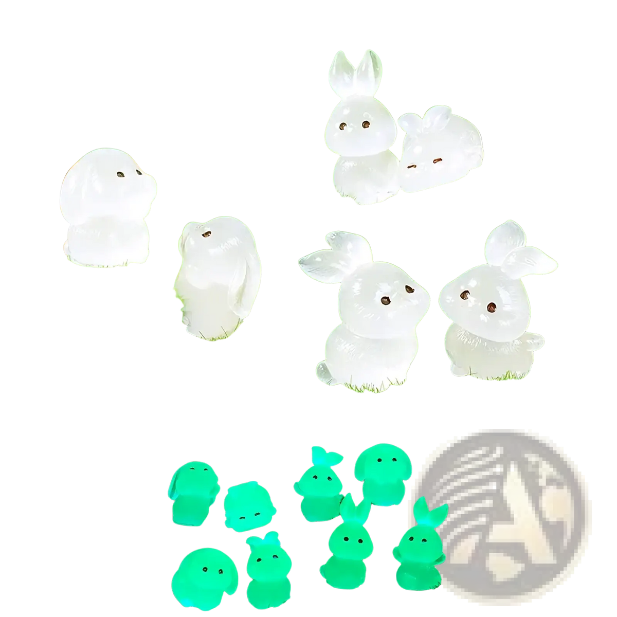 White translucent resin easter rabbit figurines that glow green in the dark miniature decorative decor
