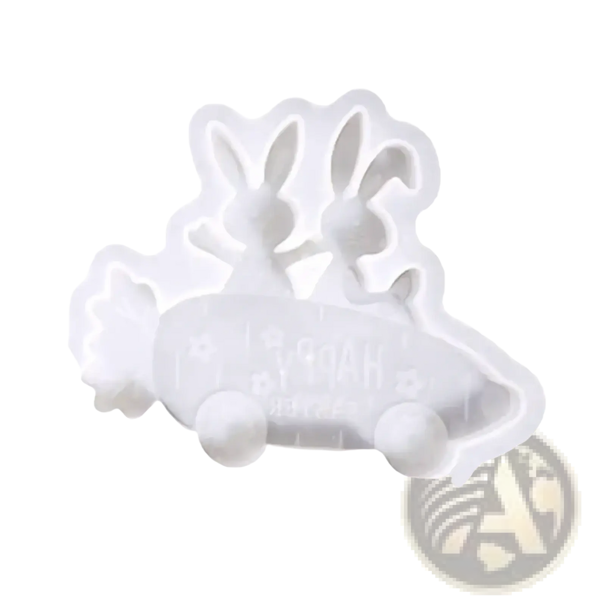 White silicone mold shaped like two rabbits in a car with happy engraving for resin and soap crafting