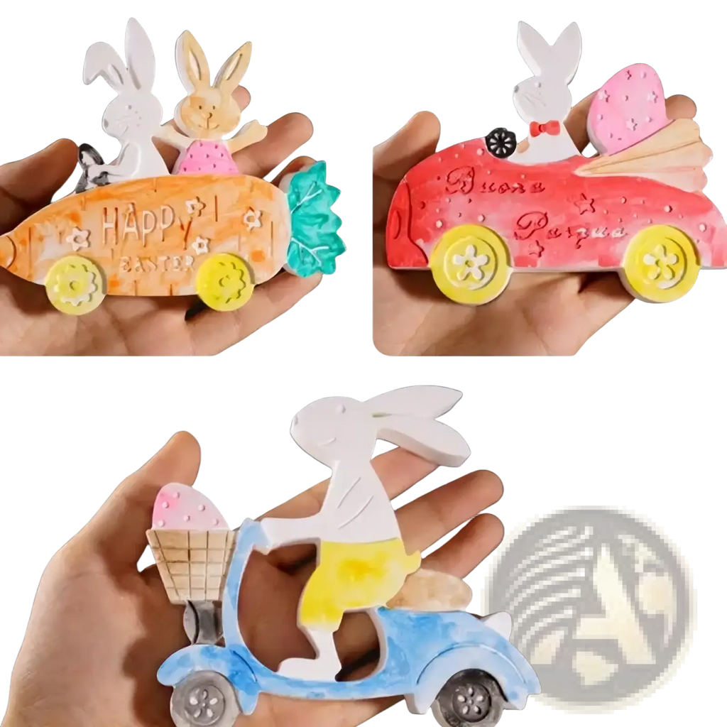 Colorful wooden easter rabbit car magnets featuring playful poses made using silicone mold for resin and soap crafting