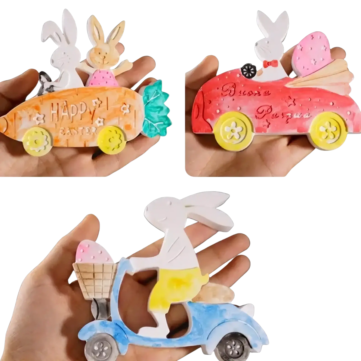 Colorful wooden easter rabbit car magnets featuring playful poses made using silicone mold for resin and soap crafting