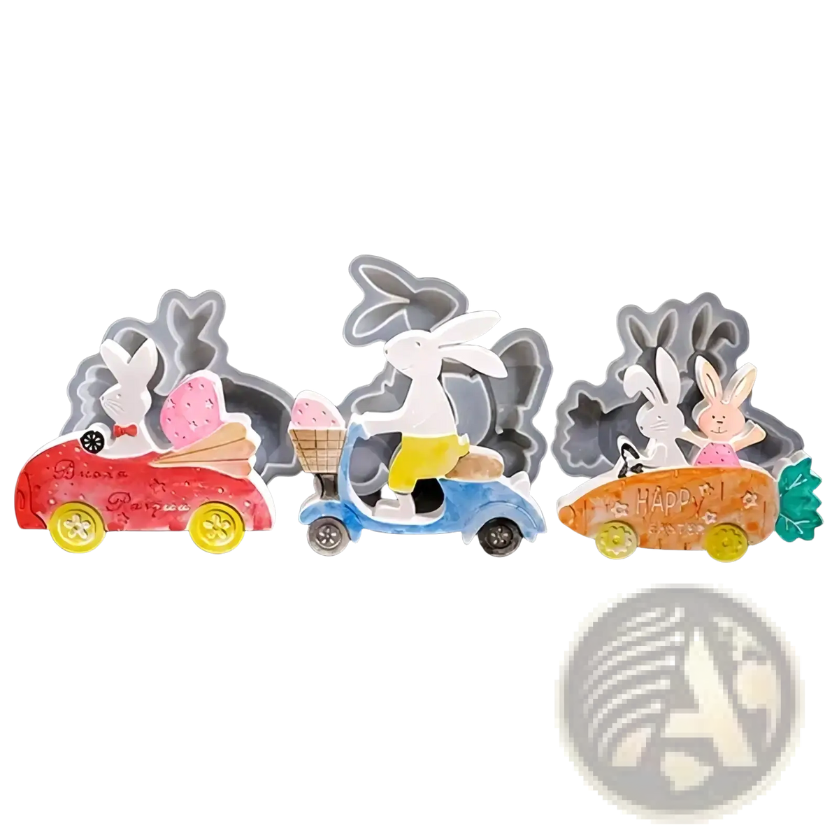 Easter rabbit silicone mold with three colorful cartoon bunny-themed resin molds shaped like cars and a scooter