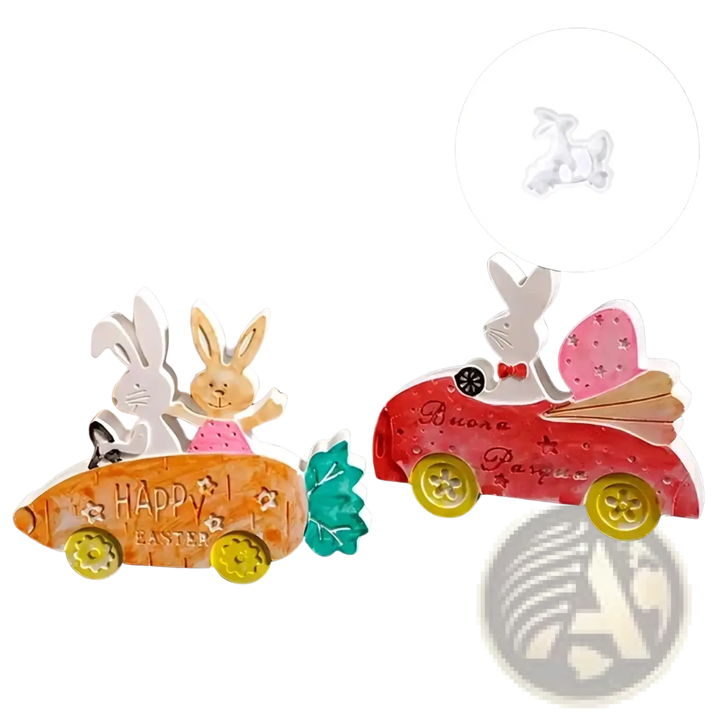 Two colorful wooden easter bunny car decorations in orange and red made using an easter rabbit silicone mold for resin crafting