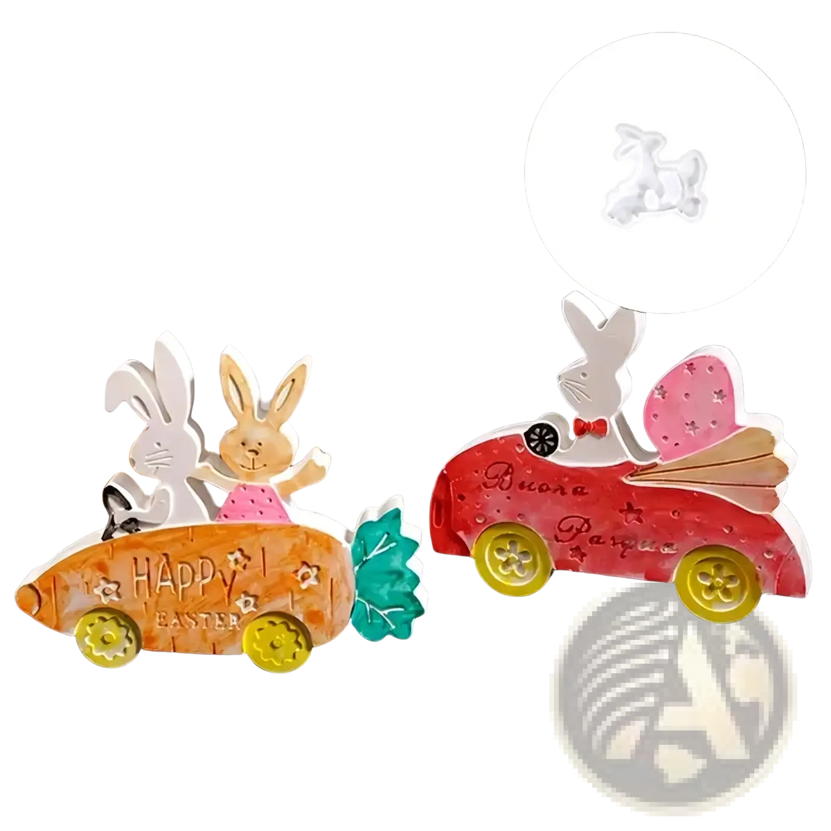 Two colorful wooden easter bunny car decorations in orange and red made using an easter rabbit silicone mold for resin crafting