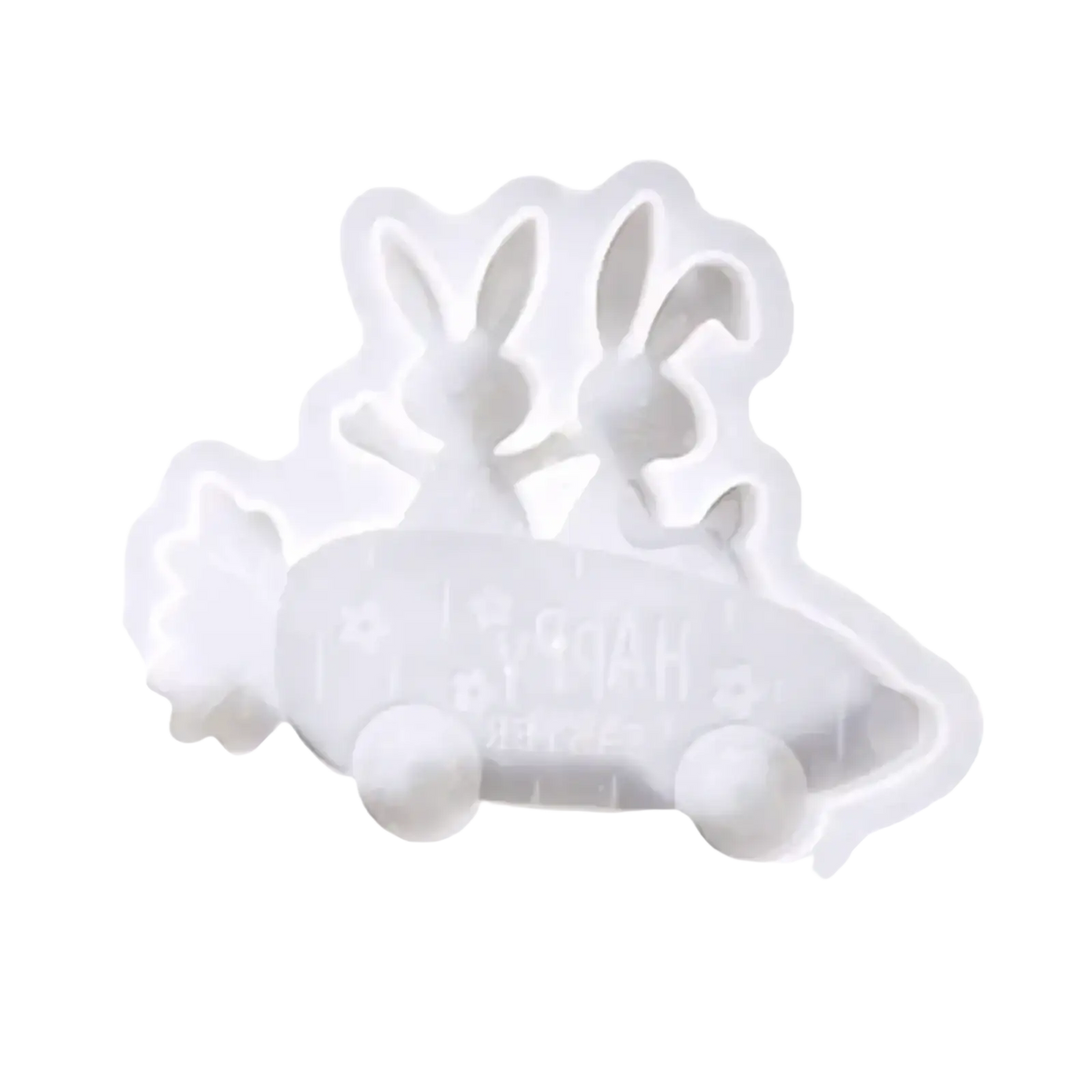 White silicone mold shaped like two rabbits in a car with happy engraving for resin and soap crafting