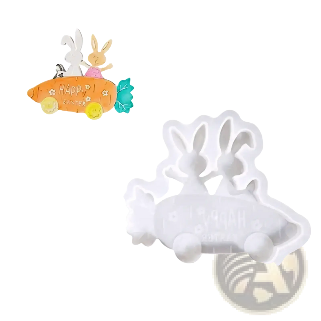 A white silicone easter rabbit mold with a colorful finished resin and soap craft displayed above it