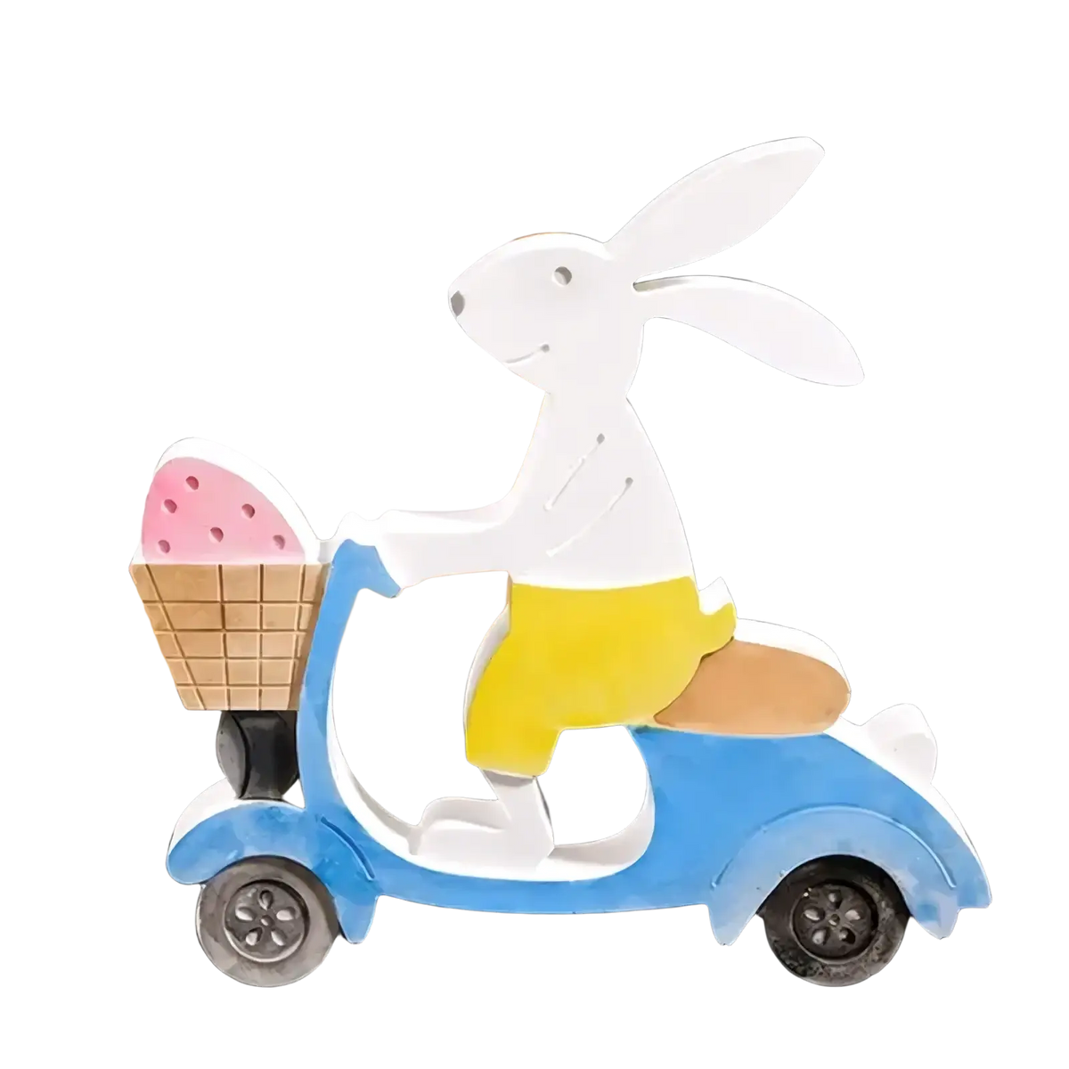 Easter rabbit silicone mold featuring a white rabbit with yellow shorts on a blue scooter holding pink ice cream for resin and soap crafting