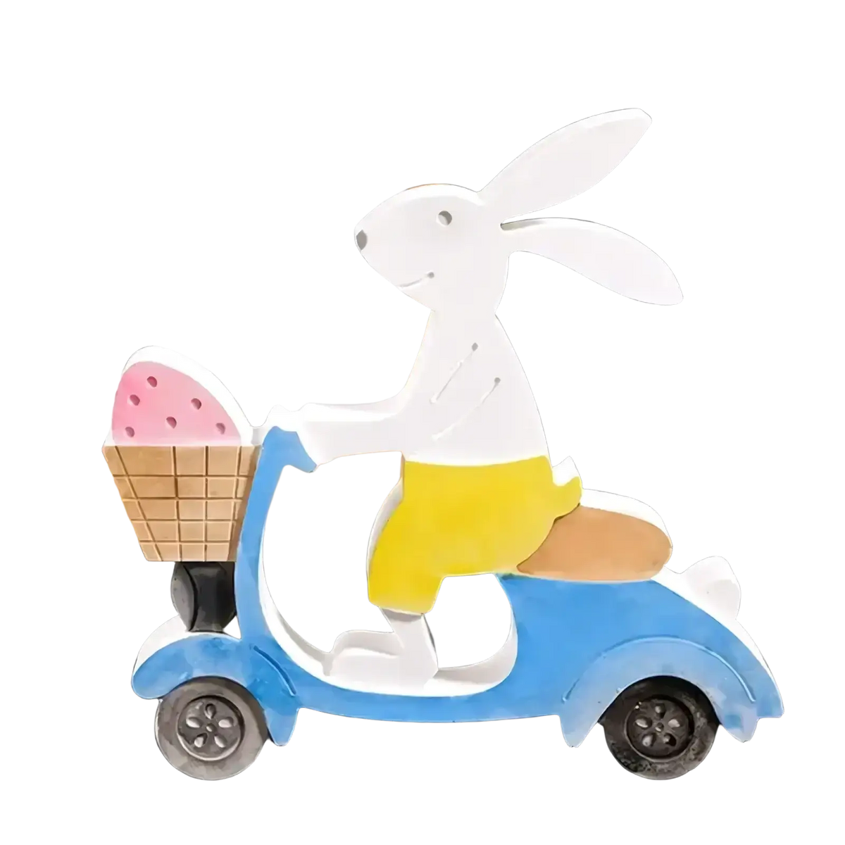 Easter rabbit silicone mold featuring a white rabbit figurine on a blue scooter for resin and soap crafting