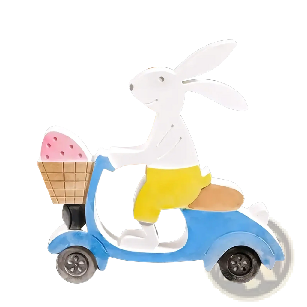 Easter rabbit silicone mold featuring a white rabbit with yellow shorts on a blue scooter holding pink ice cream for resin and soap crafting