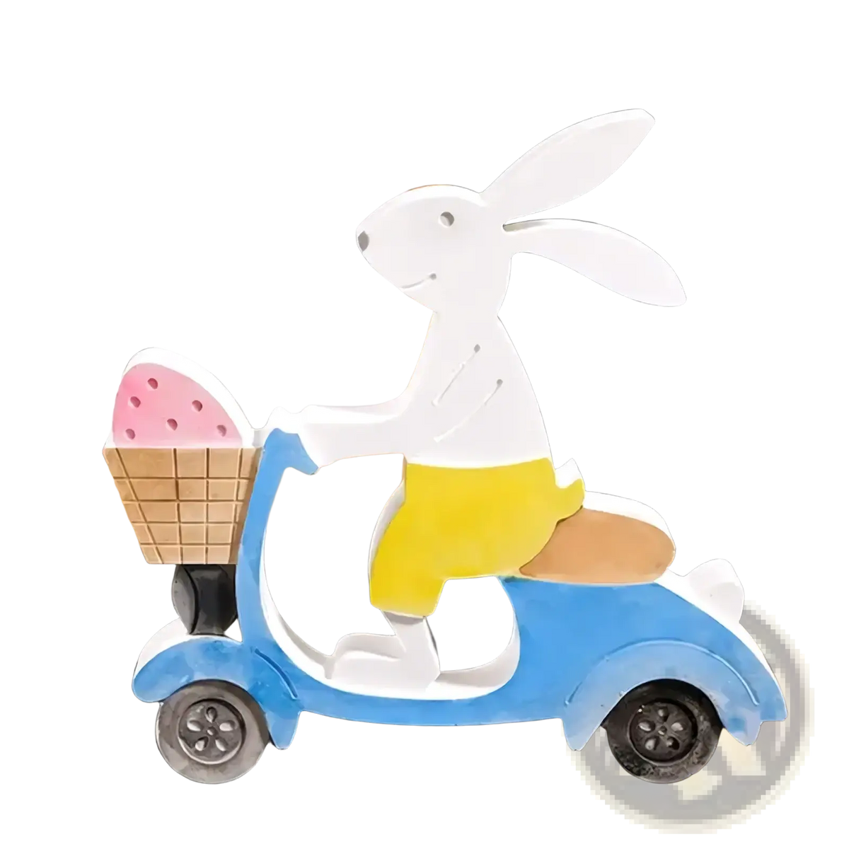 Easter rabbit silicone mold featuring a white rabbit with yellow shorts on a blue scooter holding pink ice cream for resin and soap crafting