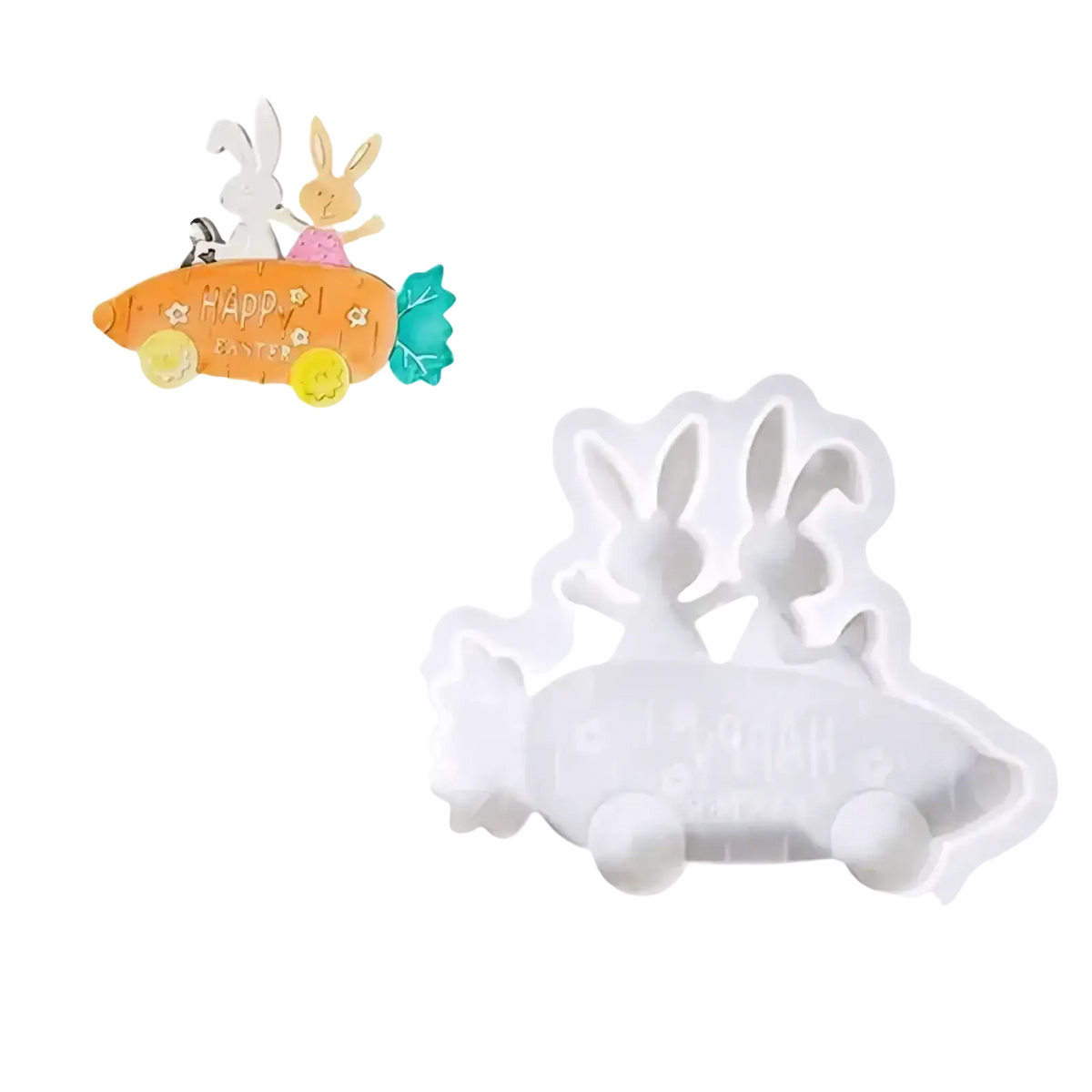 White plastic easter rabbit silicone mold shaped like a carrot with detailed figures for resin and soap crafting