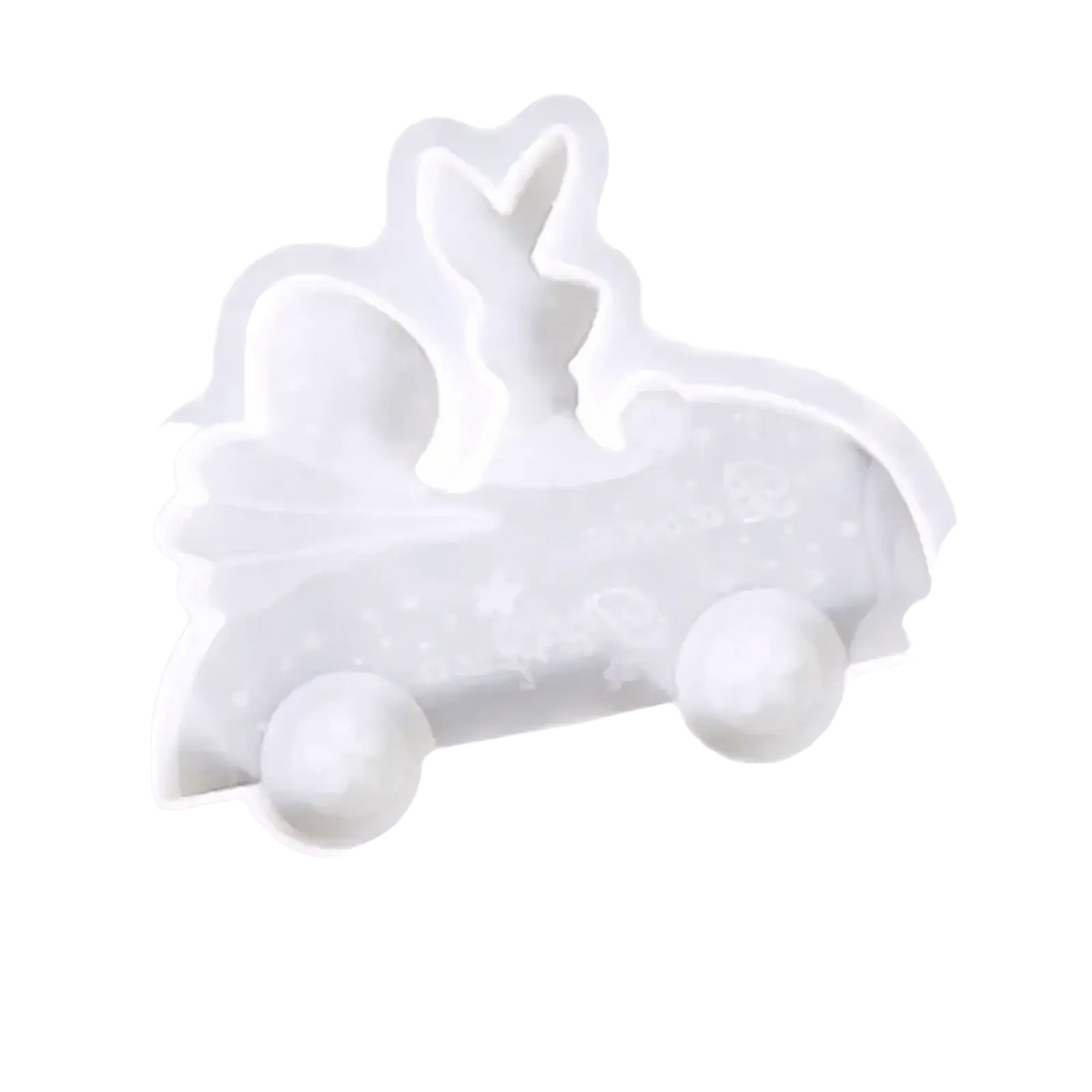 White silicone unicorn car mold with star pattern and rounded wheels for resin and soap crafting use